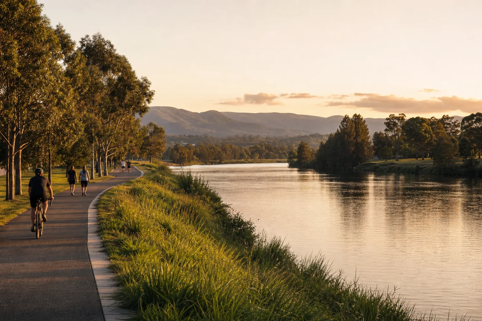 An original editorial scene of a Western Sydney river corridor at golden hour, with residents walking and cycling beside the water and foothills on the horizon.