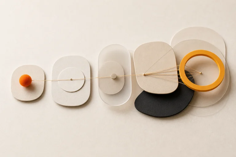 A sequence of rounded paper modules connected by a fine thread that resolves into an open amber ring.