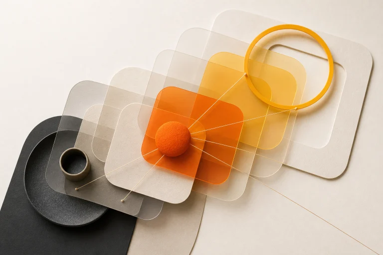 Layered orange, amber and translucent frames connected from one orange focal point to an amber ring.