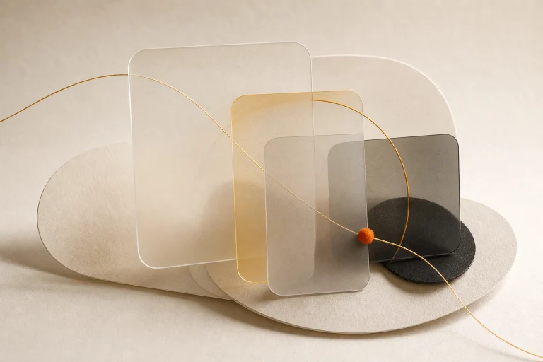 Layered translucent panes crossed by a fine amber thread and a precise orange signal point.