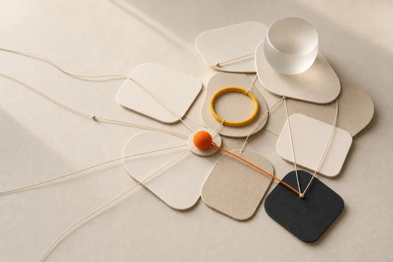 Tactile decision cards connected by fine threads, an orange signal point, an amber ring and one dark anchor tile.